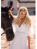 Beaded Ivory Pleated Chiffon V Back Simple Boho Wedding Dress